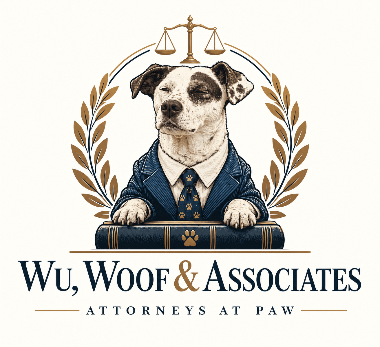 Wu, Woof & Associates crest: a spotted dog in a navy suit and paw-print tie, paws resting on a law book, beneath the scales of justice and a laurel wreath.