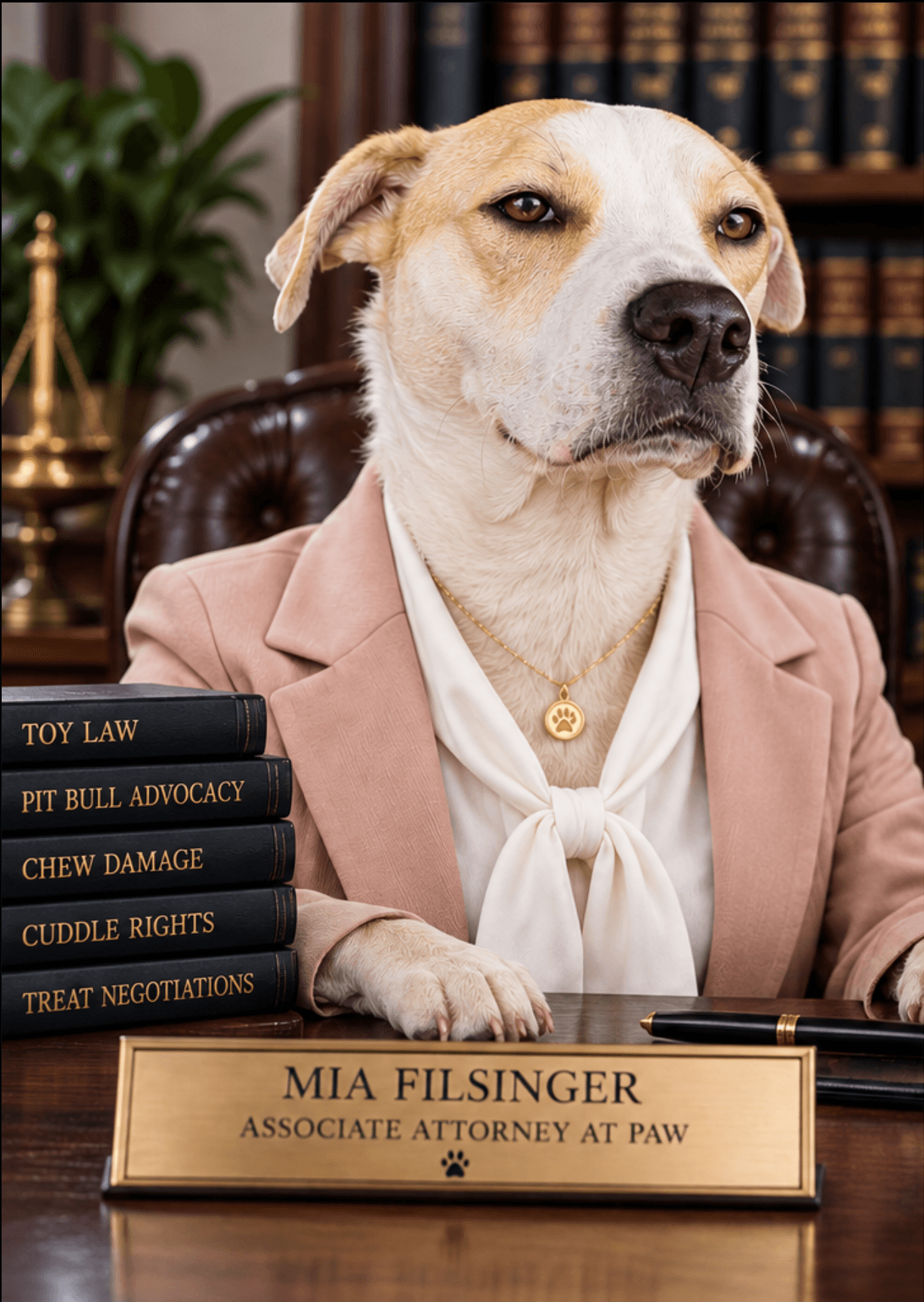Mia Filsinger, associate attorney at paw, seated at her desk in a blush pink blazer, white bow blouse and gold paw-print necklace, giving a skeptical side glance beside a stack of law books and a brass nameplate.